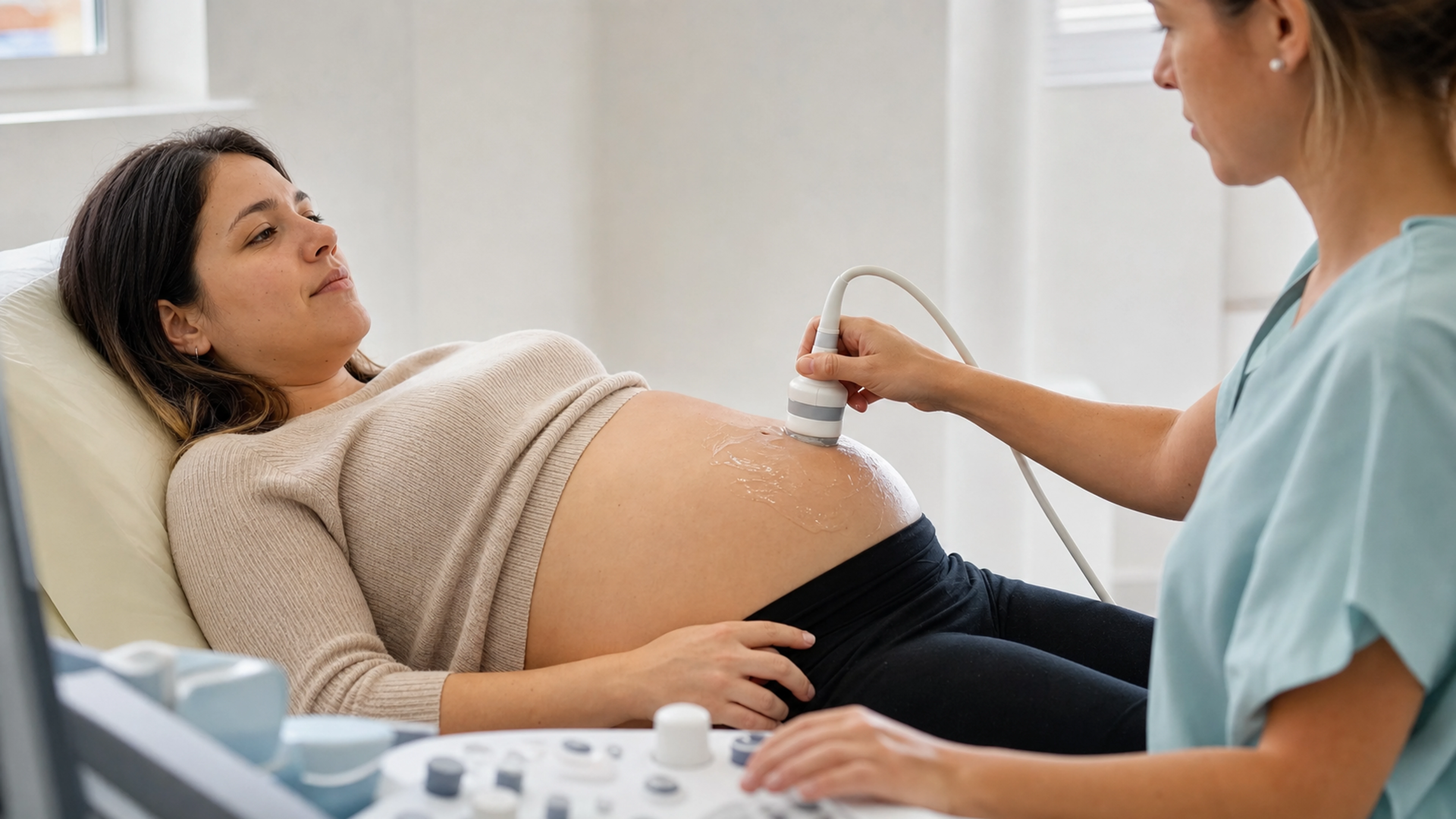 Une femme enceinte lors d’une échographie abdominale de suivi avec une professionnelle de santé