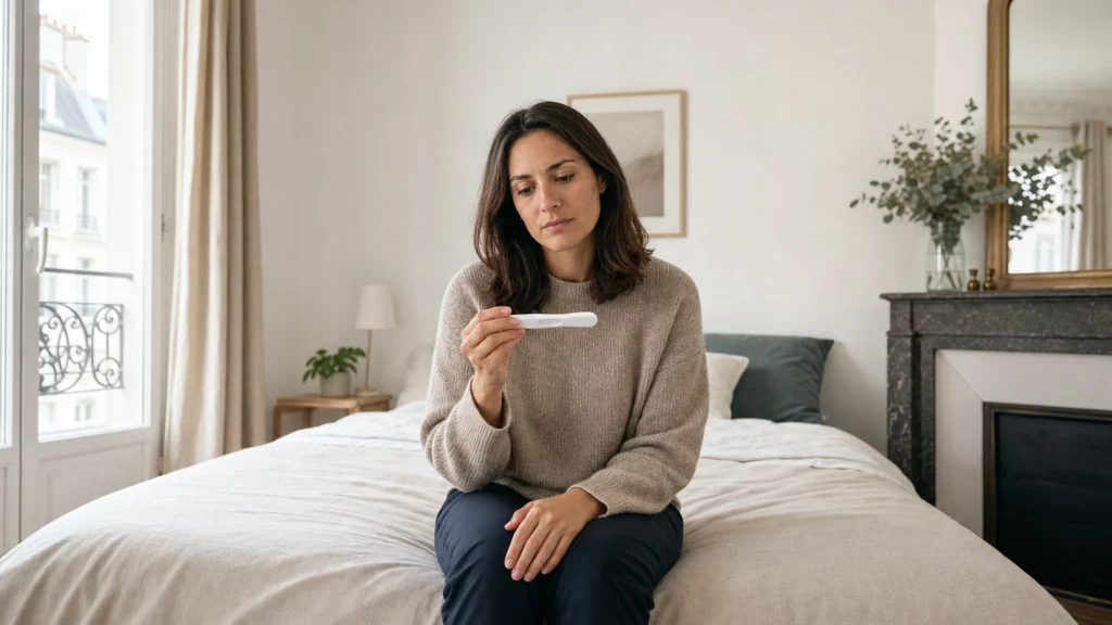 Femme observant un test de grossesse dans une chambre éclairée par la lumière naturelle