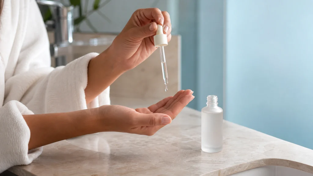 Une personne dépose une goutte de sérum transparent dans sa paume près d’un flacon sans étiquette