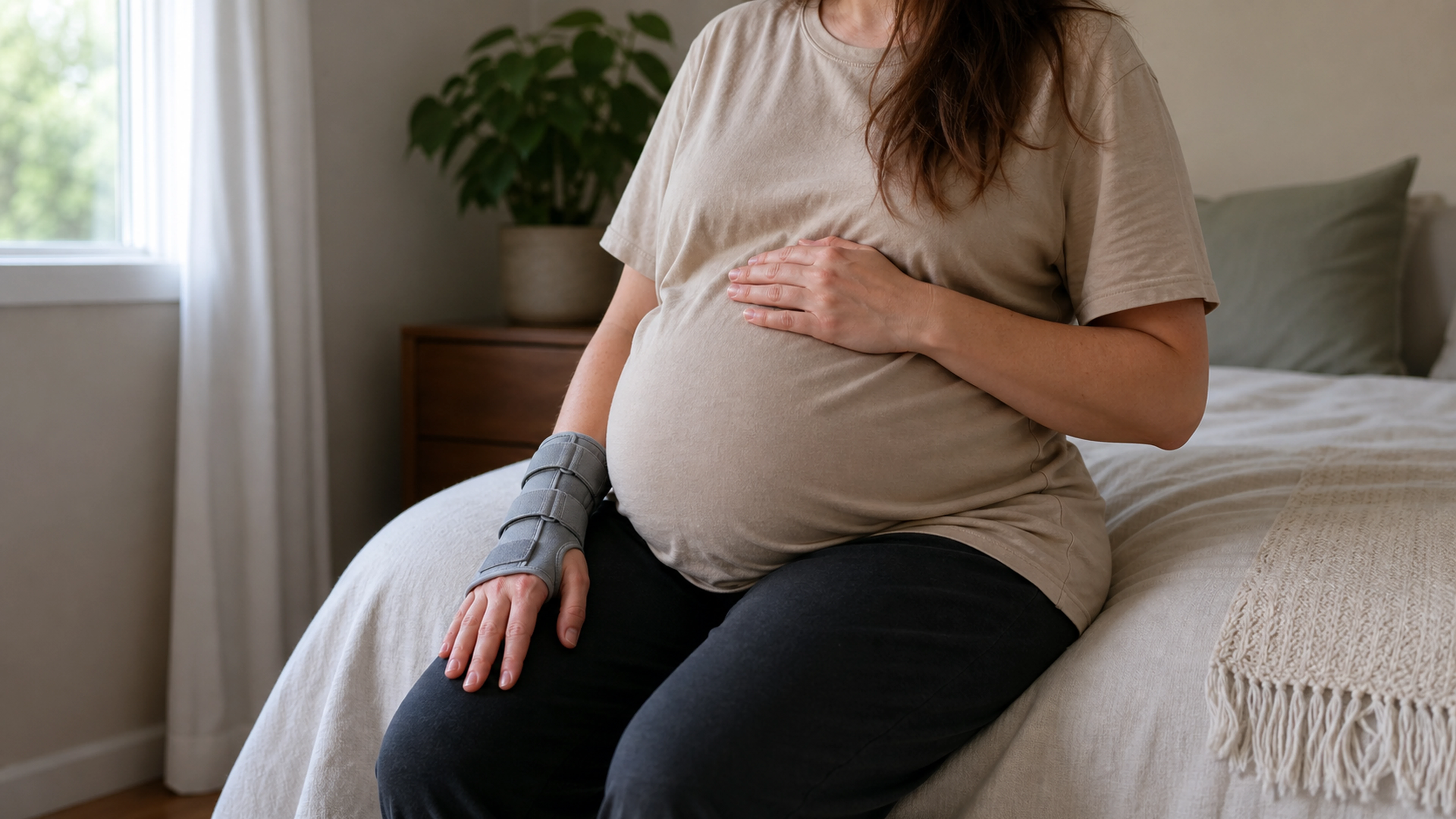 Femme enceinte assise sur un lit, une orthèse grise au poignet et l’autre main posée sur le ventre