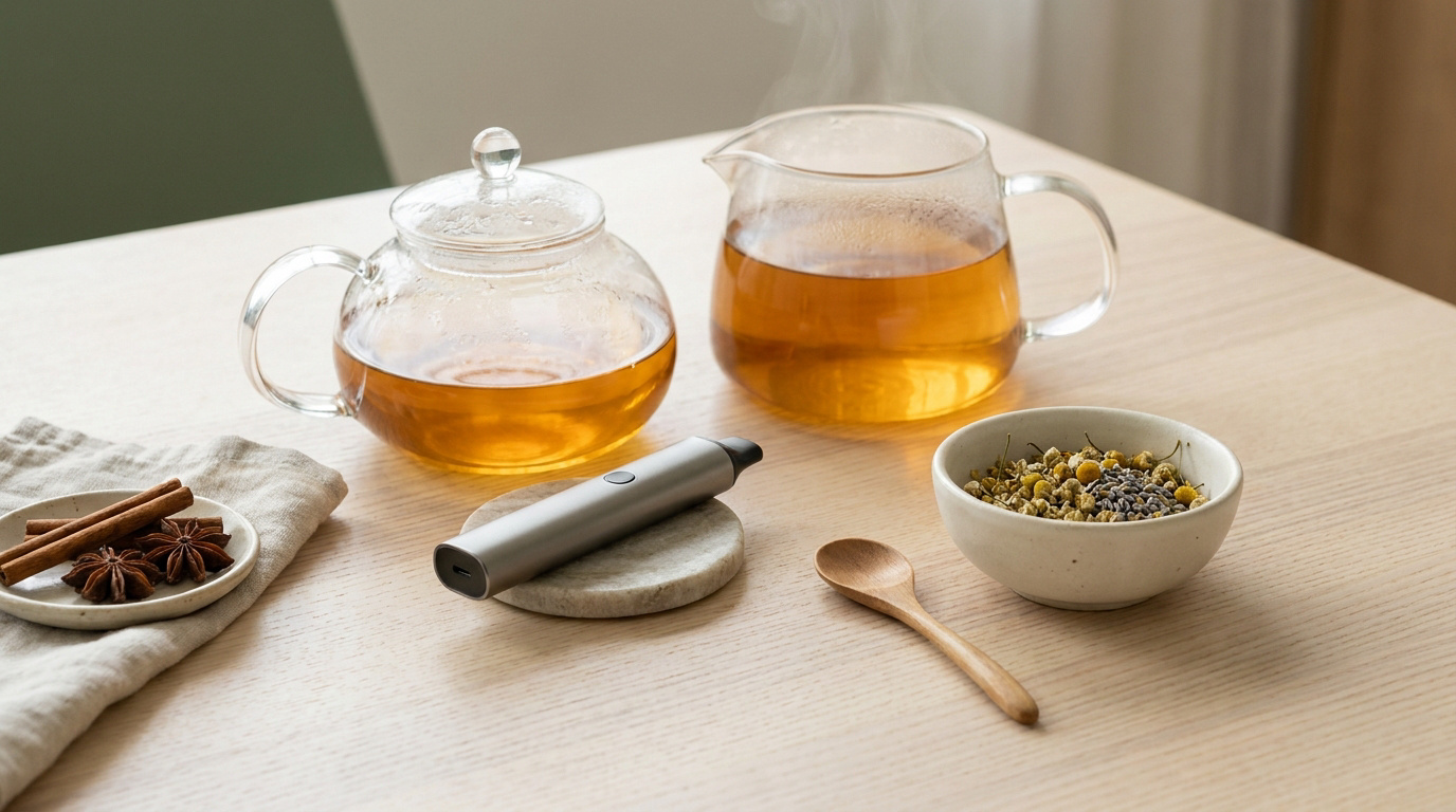 Un vaporisateur CBD posé sur une table en bois à côté d'une théière, d'une tisane et d'épices.