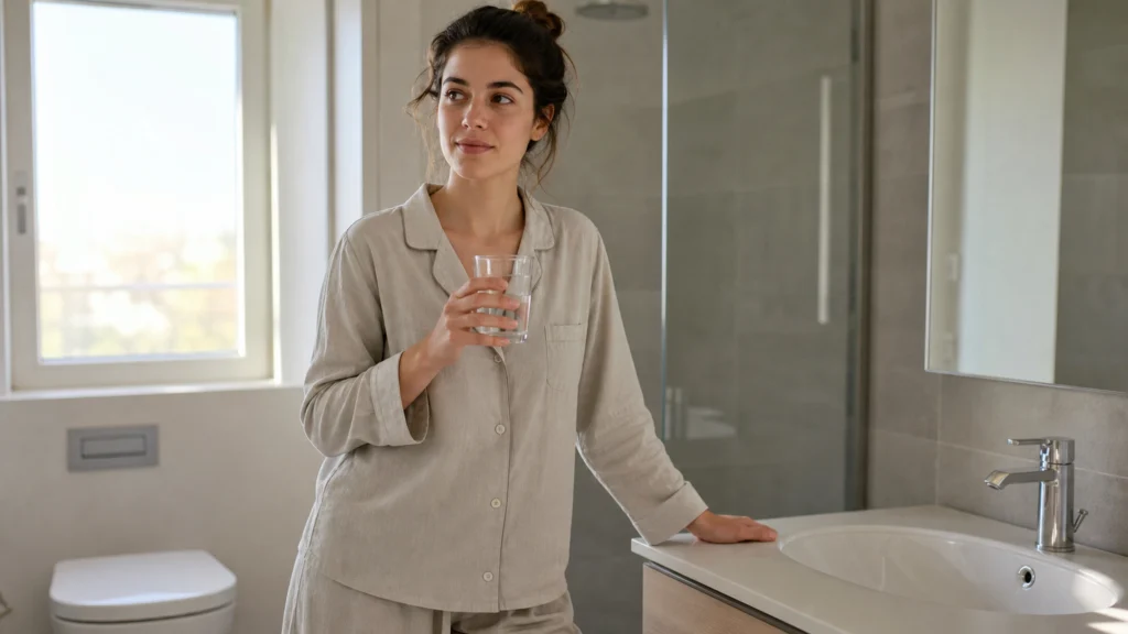 Femme en pyjama tenant un verre d’eau dans une salle de bain lumineuse
