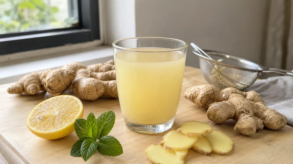 Verre de jus de gingembre frais avec racines, citron et menthe sur un plan de travail