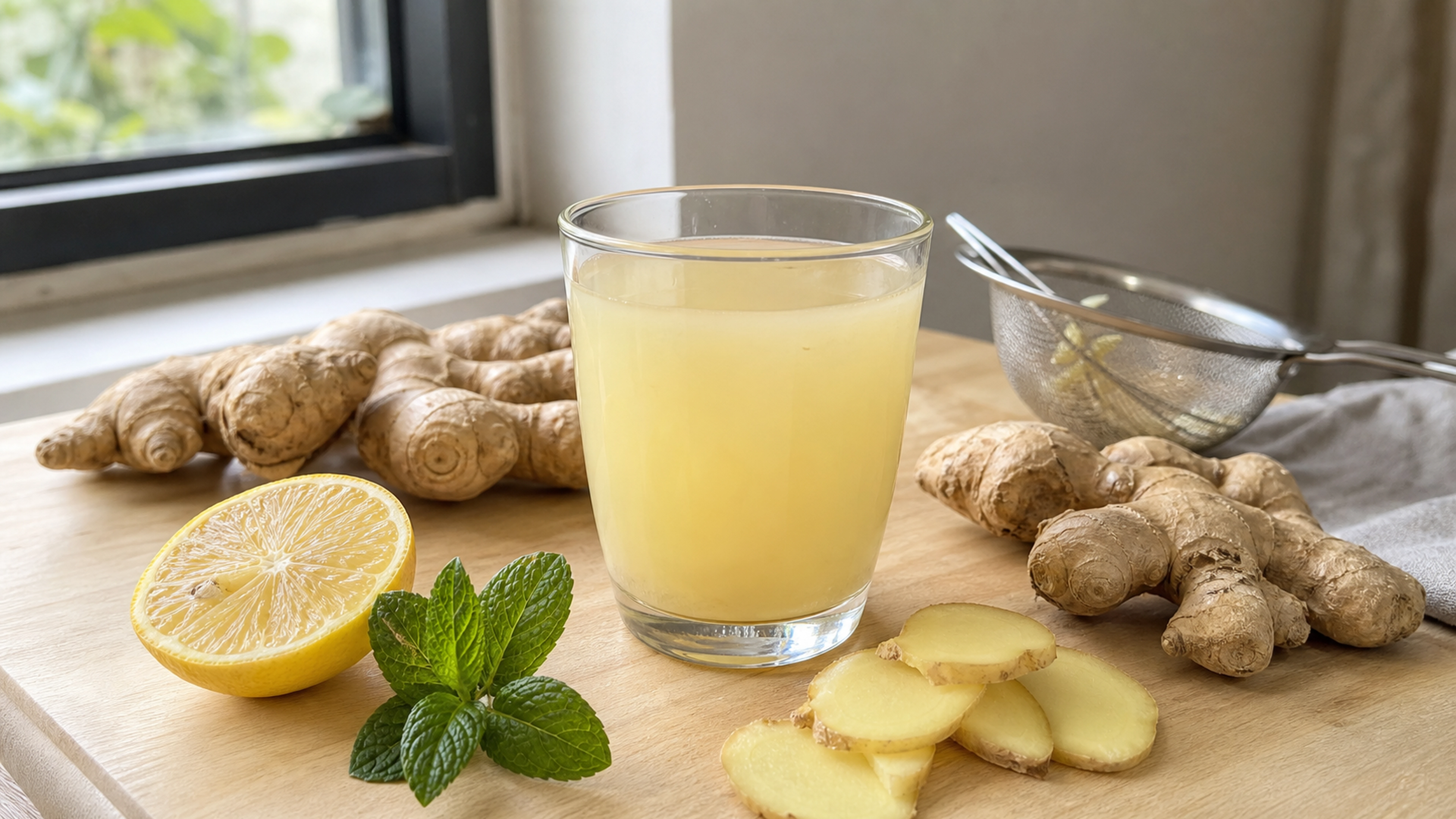 Verre de jus de gingembre frais avec racines, citron et menthe sur un plan de travail