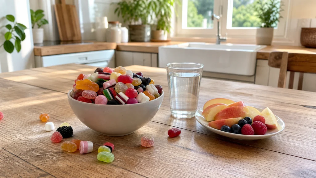 Bol débordant de bonbons posé près d’un verre d’eau et d’une assiette de fruits frais