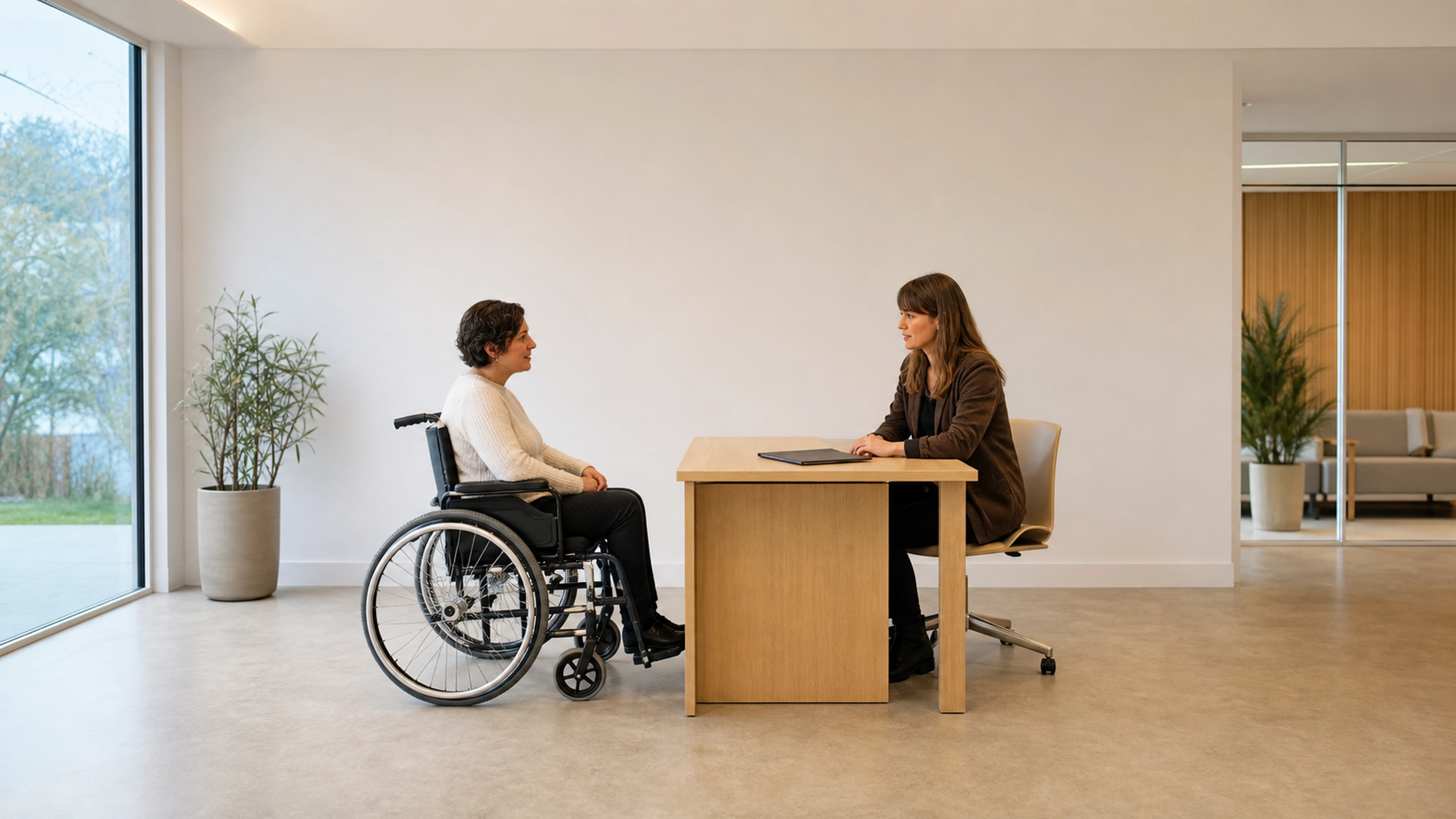 Une usagère en fauteuil roulant échange avec une conseillère dans un bureau d’accueil accessible.