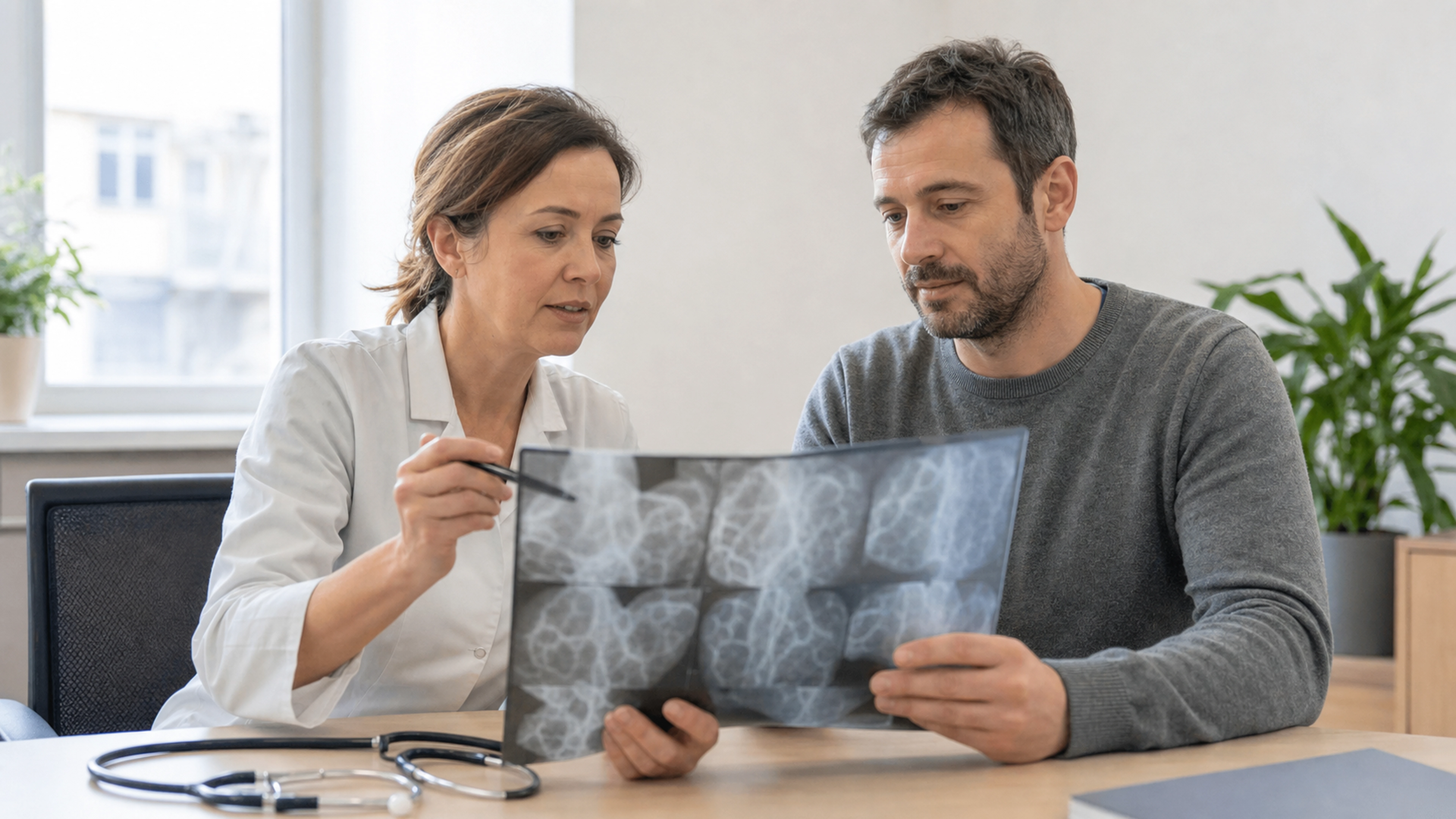 Un hématologue échange avec un patient autour d’une imagerie médicale lors d’une consultation