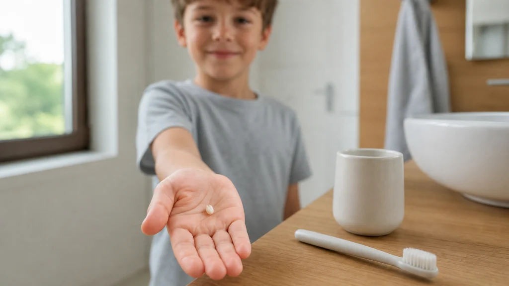 Enfant tenant une dent de lait dans sa main près d’une brosse à dents