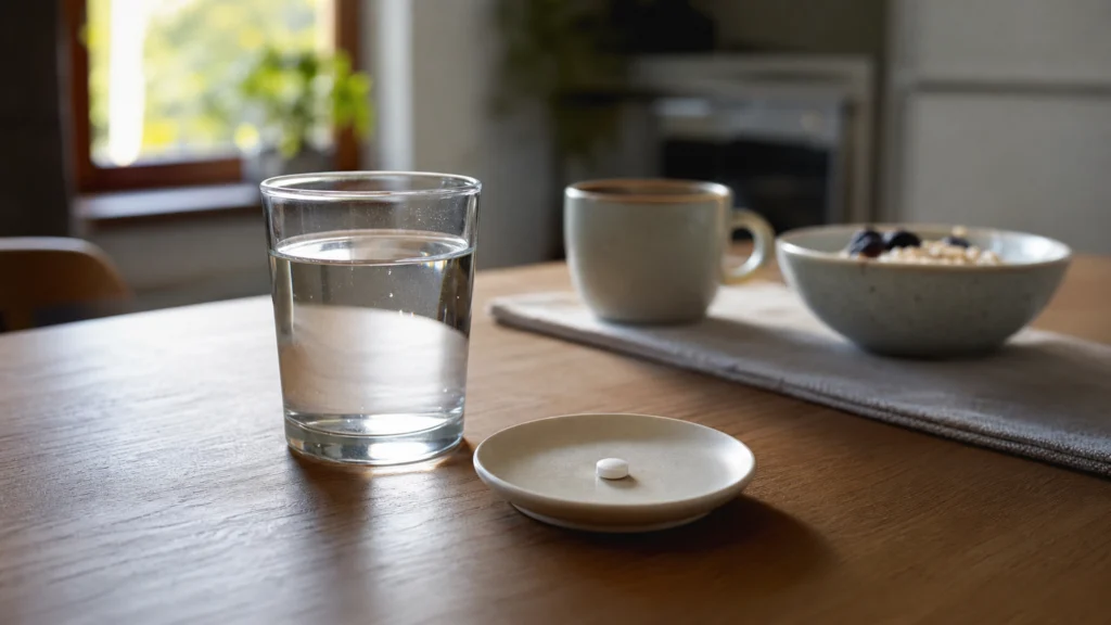 Comprimé blanc et verre d’eau préparés sur une table avant le petit-déjeuner