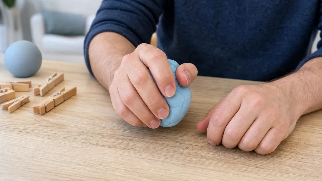 Personne réalisant un exercice de rééducation de la main avec une pâte souple à domicile