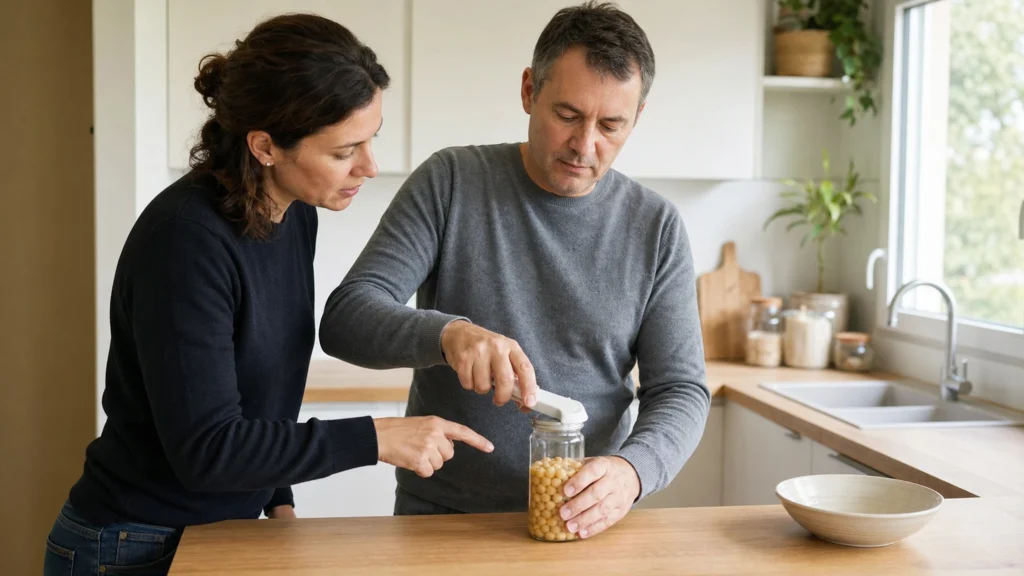Un ergothérapeute accompagne un homme utilisant un ouvre-bocal adapté dans une cuisine.