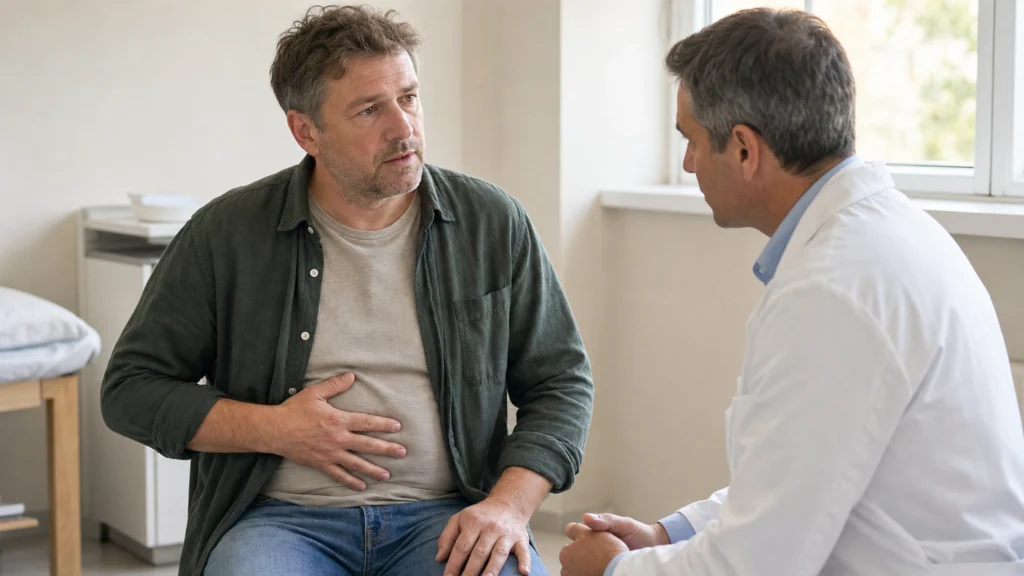 Patient discutant de symptômes digestifs avec un médecin en consultation