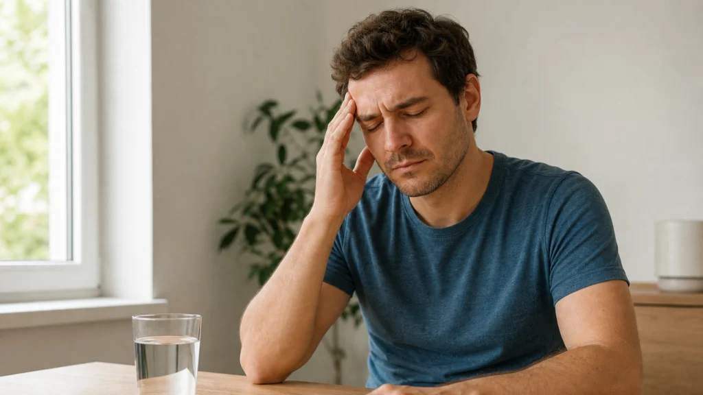 Homme assis près d’une fenêtre, une main sur la tempe et un verre d’eau devant lui.