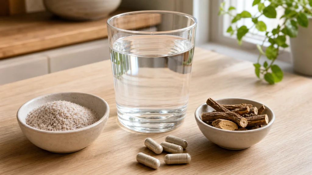 Verre d’eau entouré de psyllium, de racines séchées et de gélules végétales