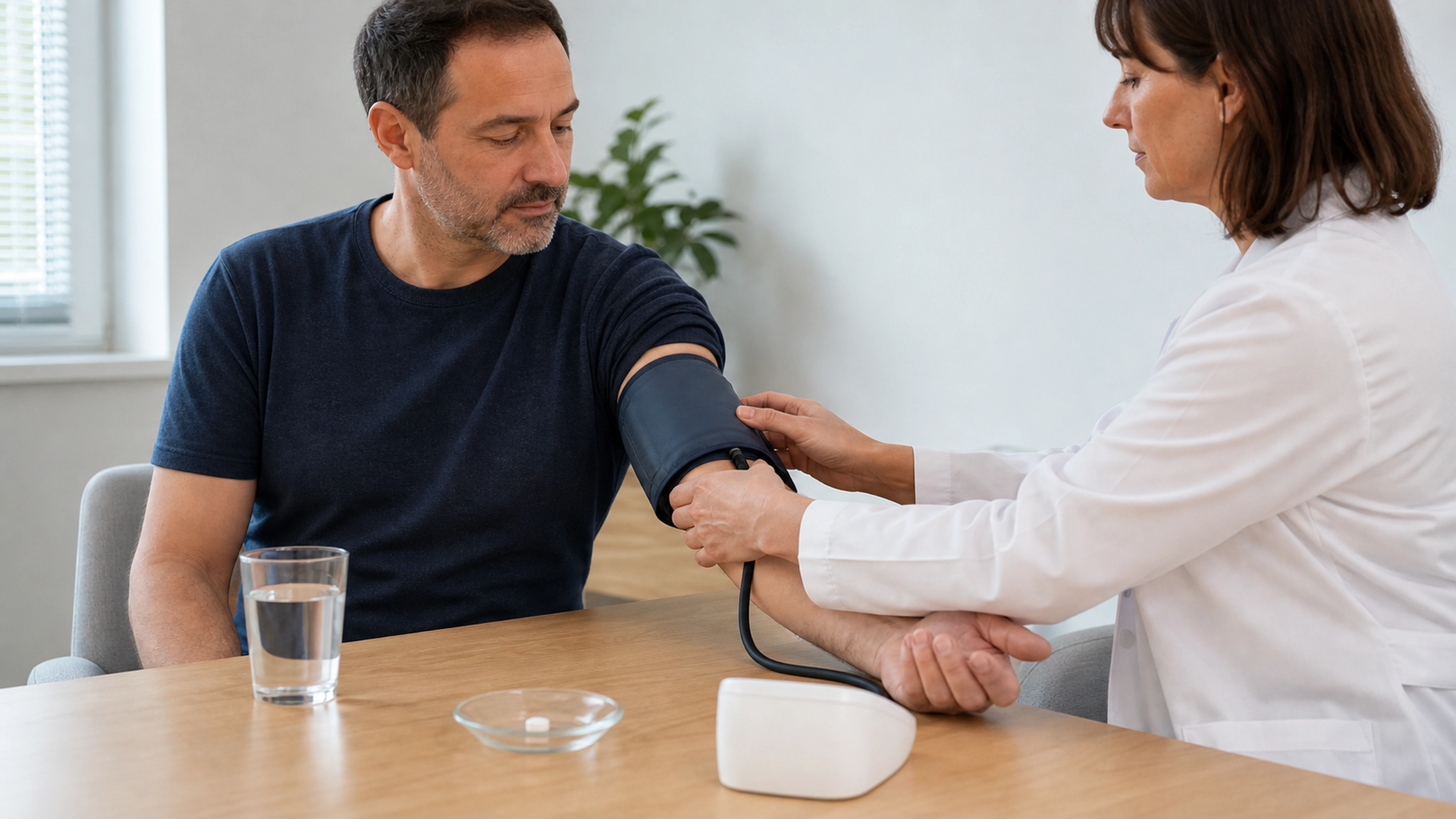 Professionnelle de santé ajustant un brassard de tension près d’un comprimé et d’un verre d’eau