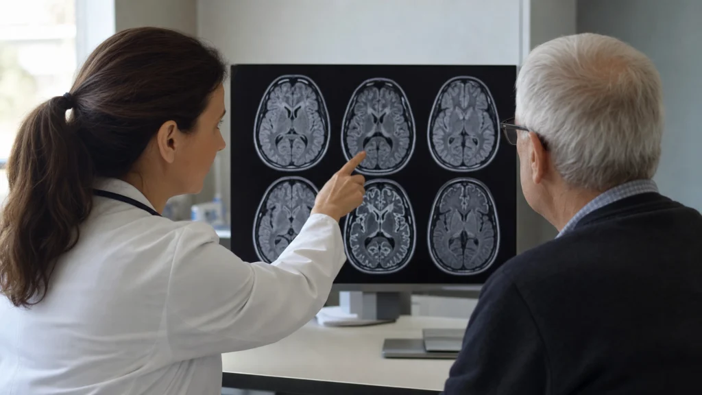 Neurologue montrant des coupes d’IRM cérébrale à un patient âgé lors d’une consultation