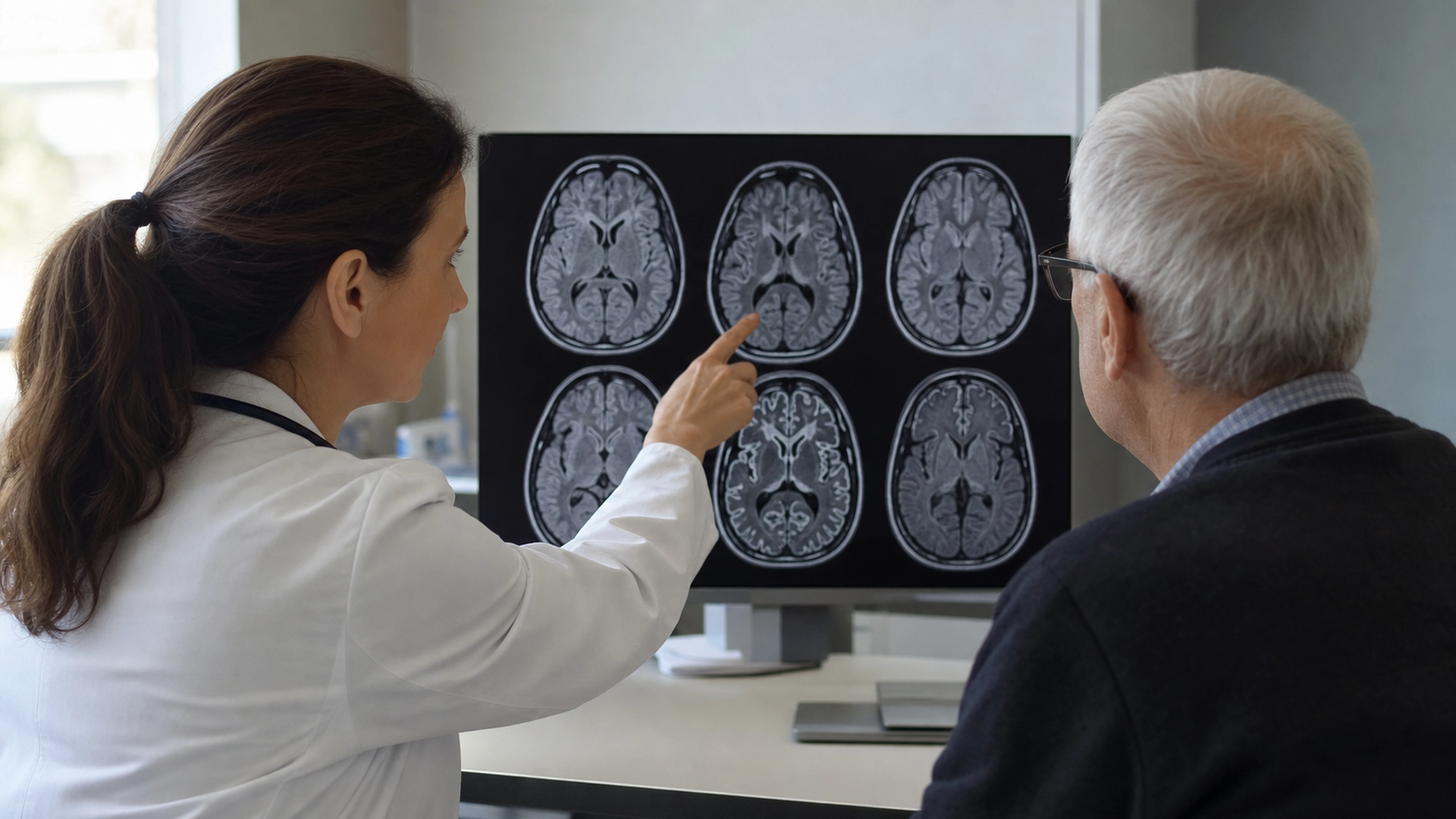 Neurologue montrant des coupes d’IRM cérébrale à un patient âgé lors d’une consultation