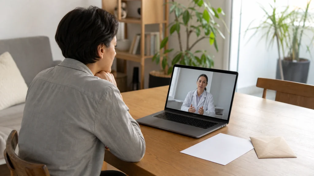 Salarié en téléconsultation médicale depuis son domicile, avec une enveloppe sur la table