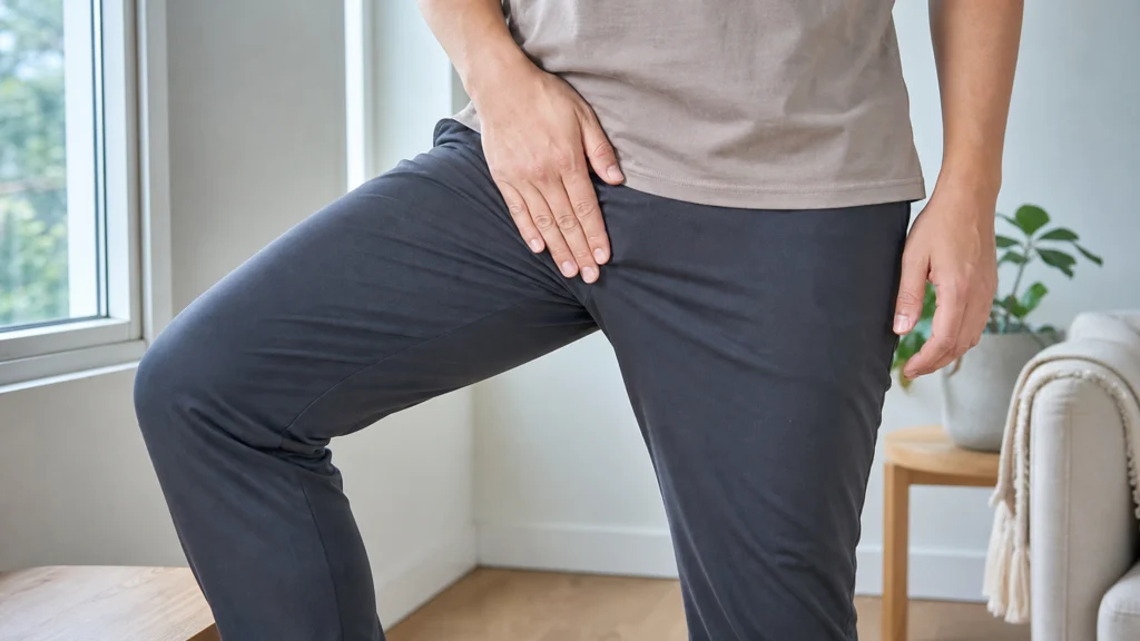 Adulte vêtu posant une main sur le pli de l’aine, à la jonction du bas-ventre et de la cuisse.