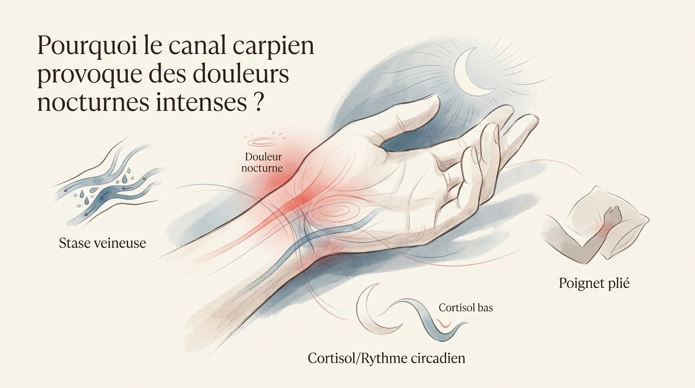 Illustration de la compression du nerf médian dans le canal carpien durant la nuit
