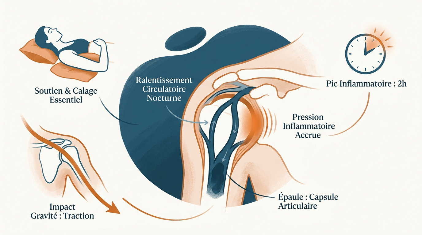 Schéma expliquant la compression de l'épaule en position allongée lors d'une capsulite