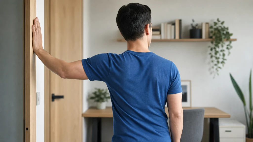 Personne étirant doucement son pectoral gauche contre un encadrement de porte dans un bureau lumineux