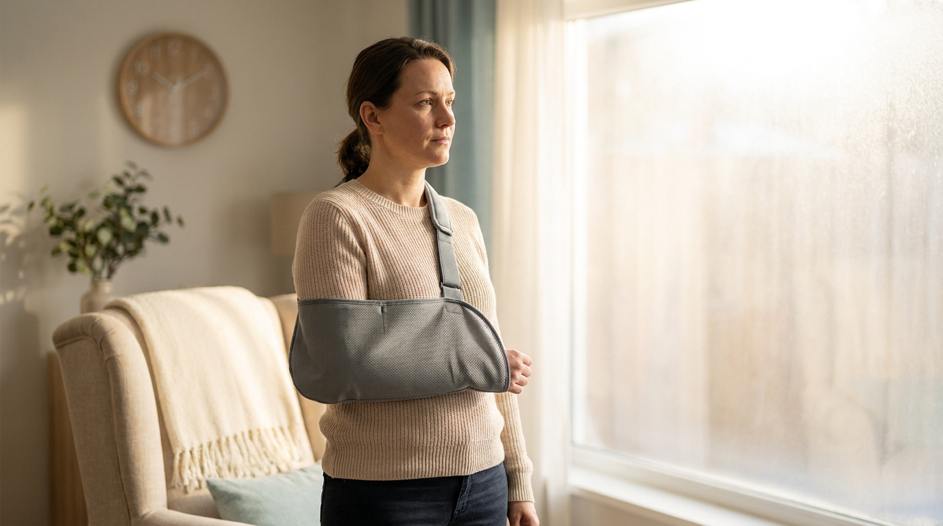 Femme avec une attelle au bras, debout à côté d'une fenêtre dans un intérieur lumineux.