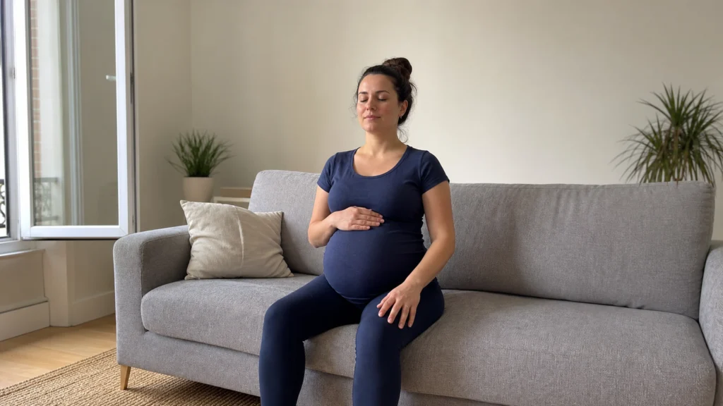 Femme enceinte assise près d’une fenêtre, une main sur le ventre pendant un exercice de respiration