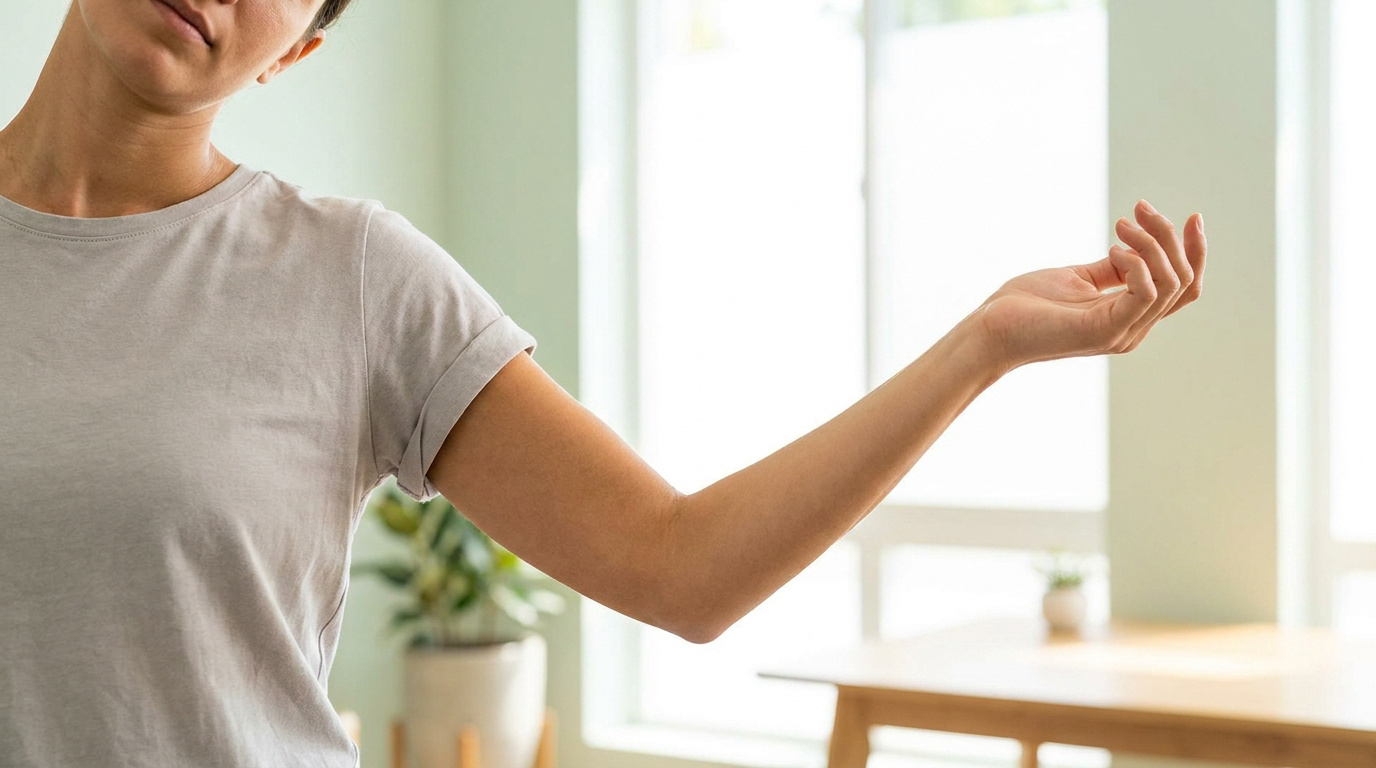Une femme pratique un étirement pour soulager le nerf cubital en inclinant la tête et en tendant le bras.