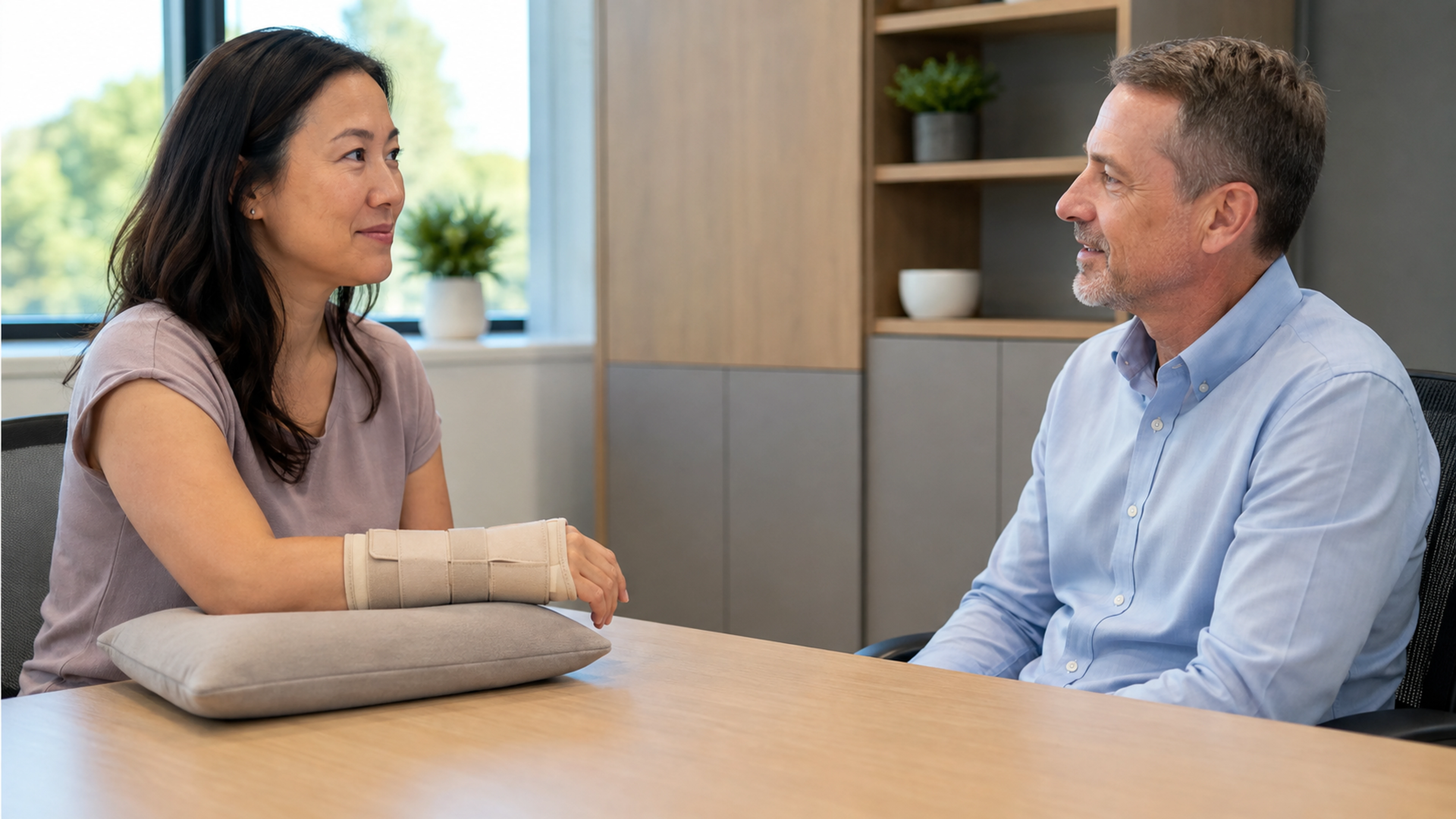 Poignet immobilisé et soutenu sur un coussin pendant une consultation médicale.