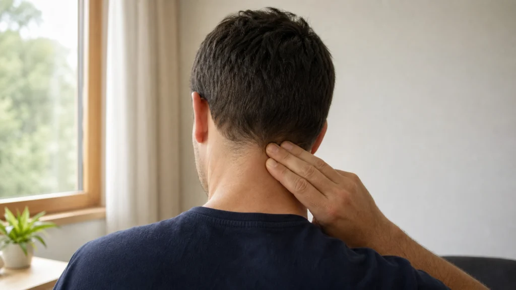 Homme posant doucement ses doigts à la base du crâne, au niveau de la nuque