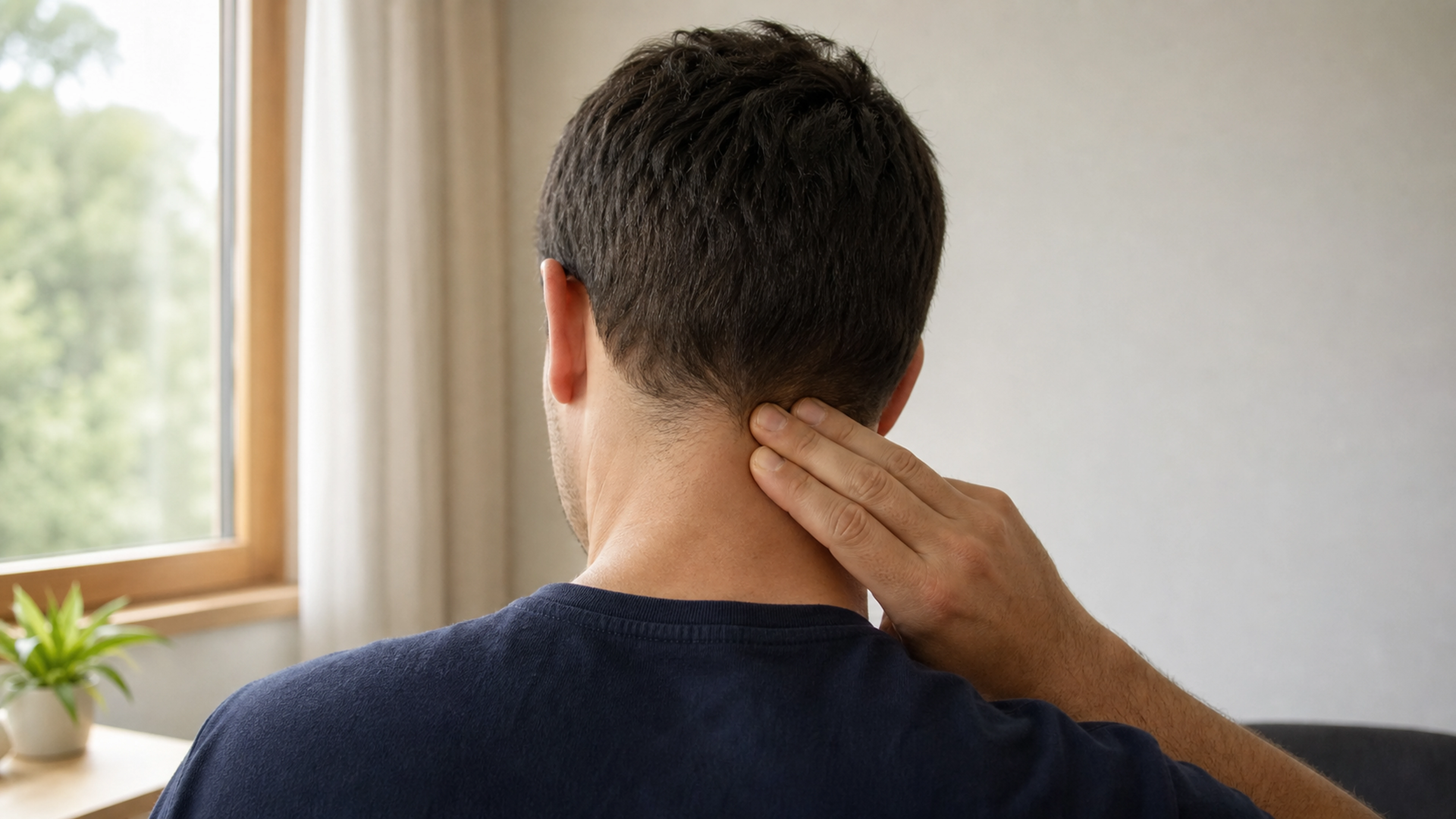 Homme posant doucement ses doigts à la base du crâne, au niveau de la nuque
