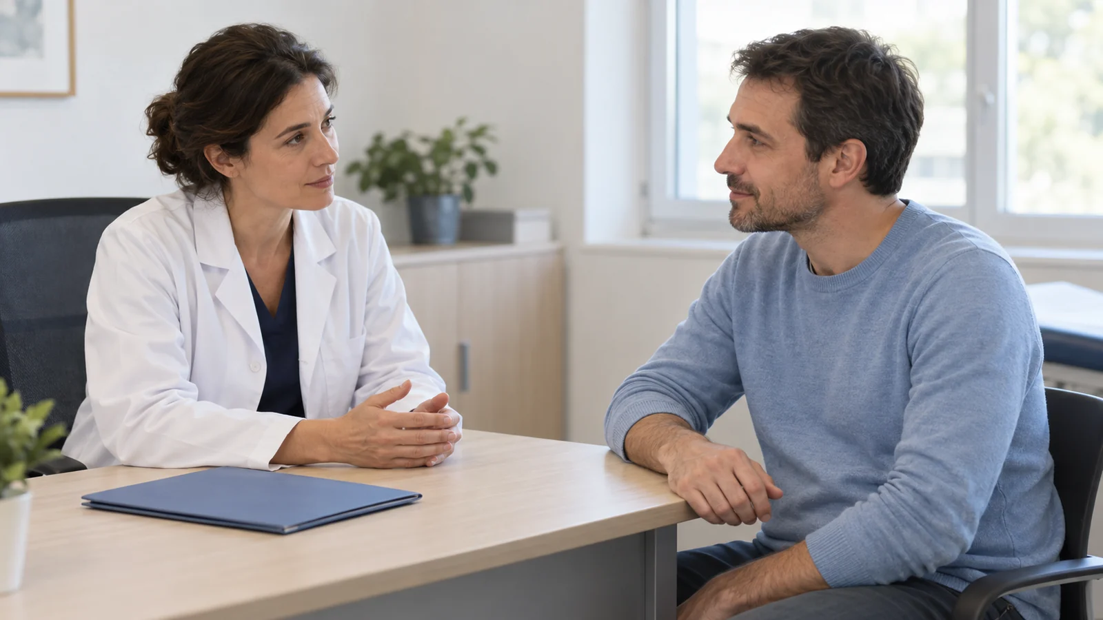 Patient échangeant avec un médecin lors d’une consultation avant une intervention du membre supérieur