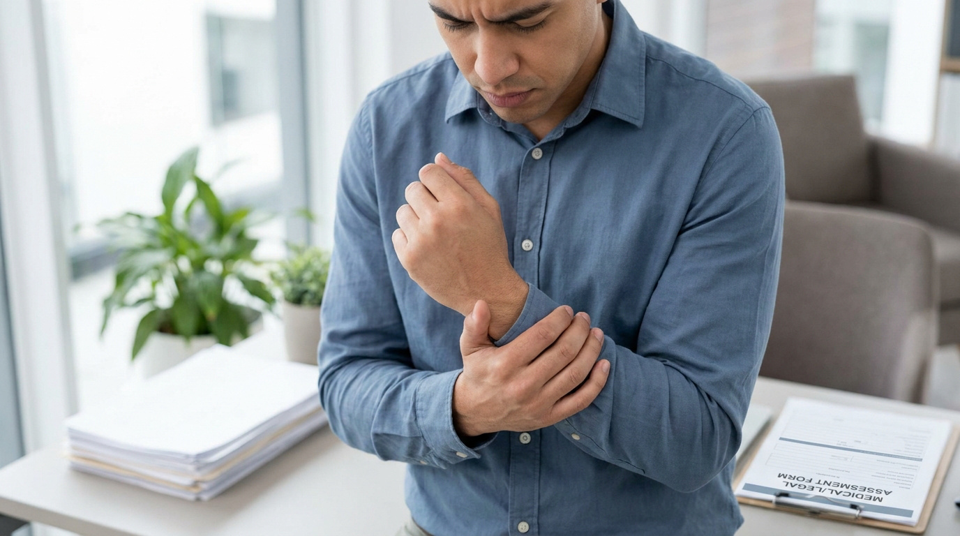 Un homme souffrant d'une douleur au poignet dans un bureau, avec un formulaire médical posé sur sa table.