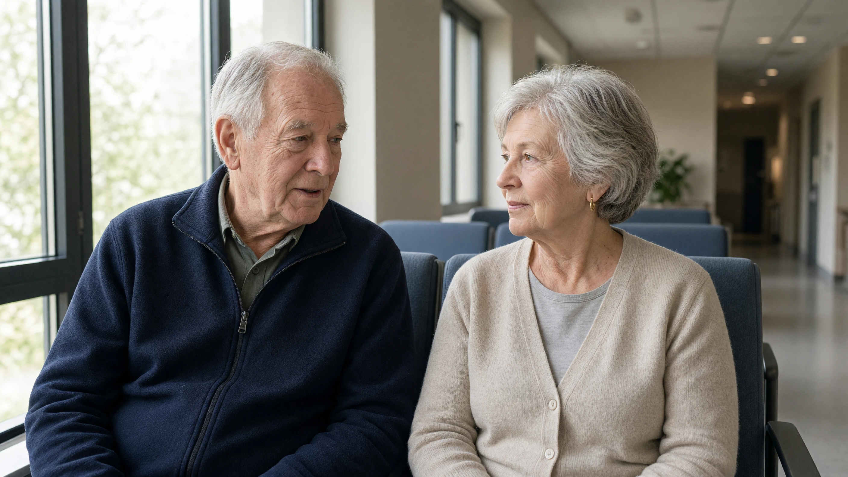 Couple de seniors dans un hall d hopital