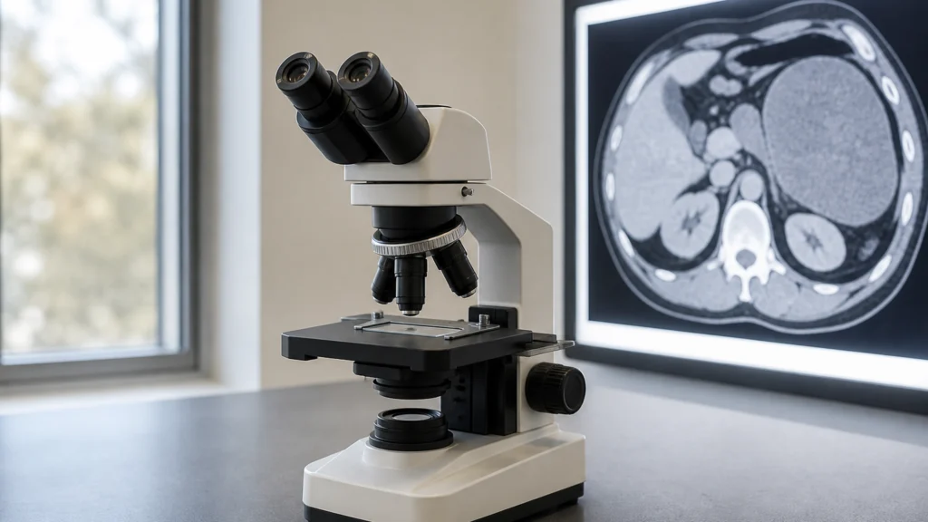 Microscope de laboratoire devant une image médicale de l’abdomen