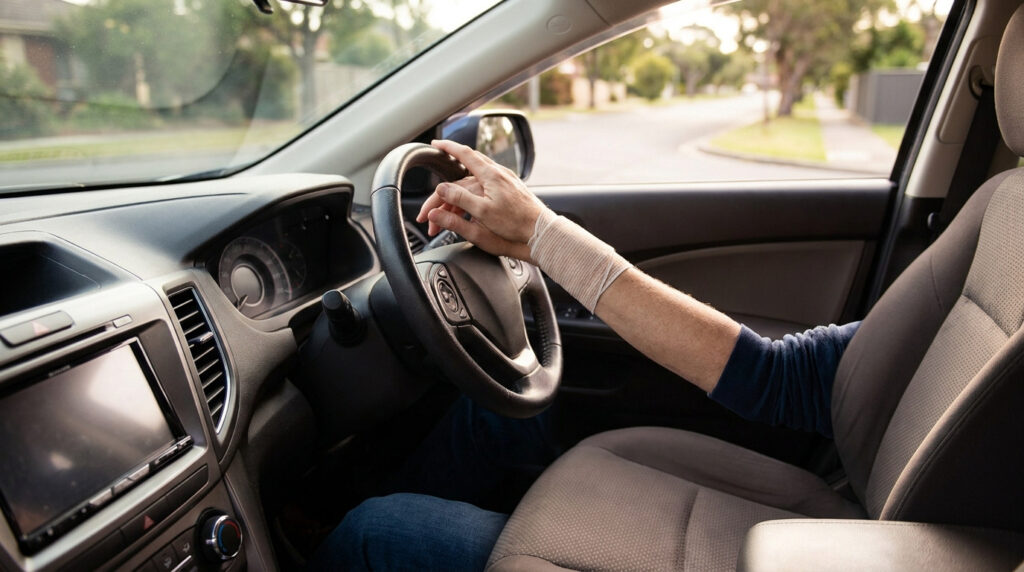 Main d'une personne avec un bandage au poignet tenant le volant d'une voiture.