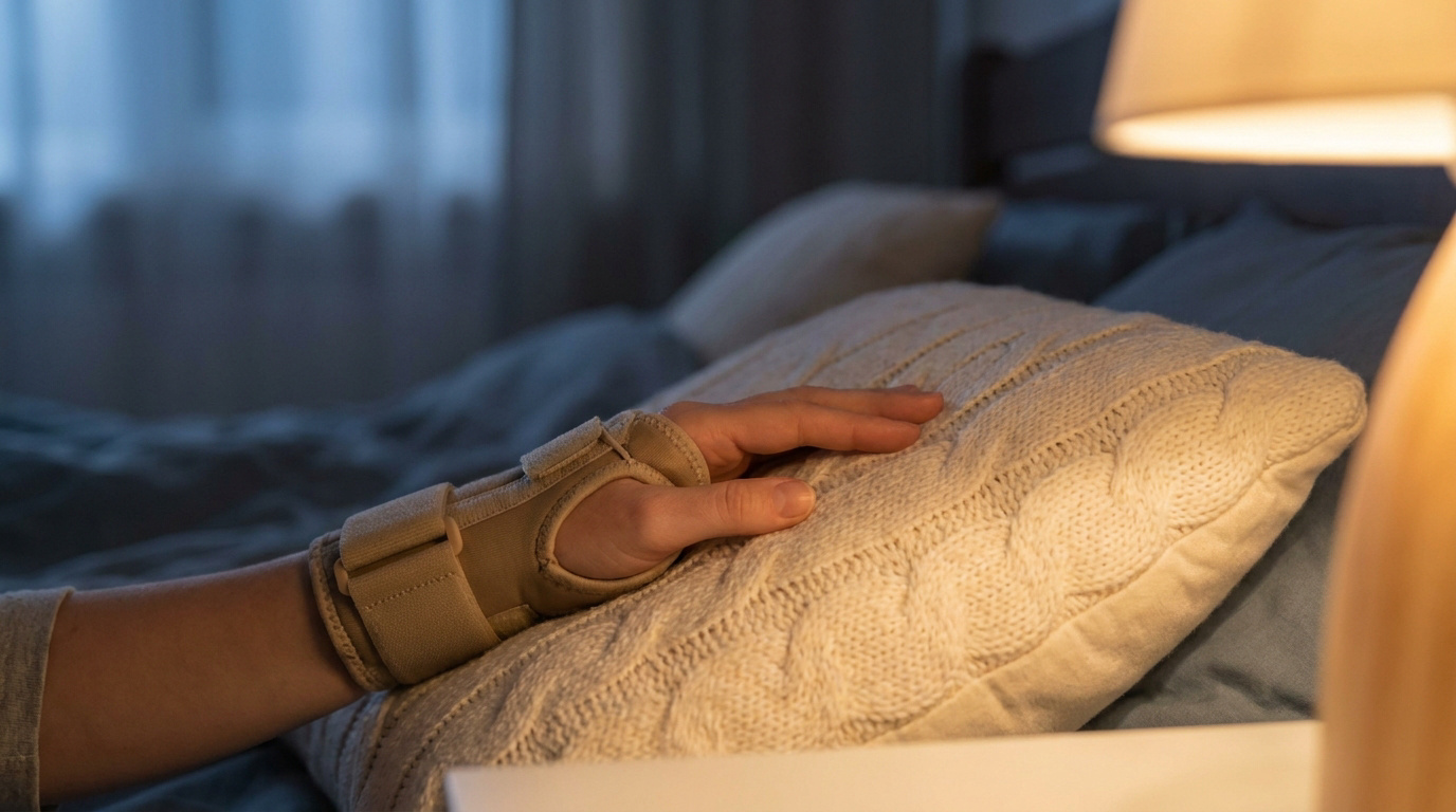 Main portant une attelle de poignet posée sur un oreiller dans une chambre à coucher faiblement éclairée.