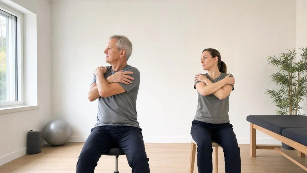 Homme réalisant un exercice doux de mobilité du dos avec une kinésithérapeute