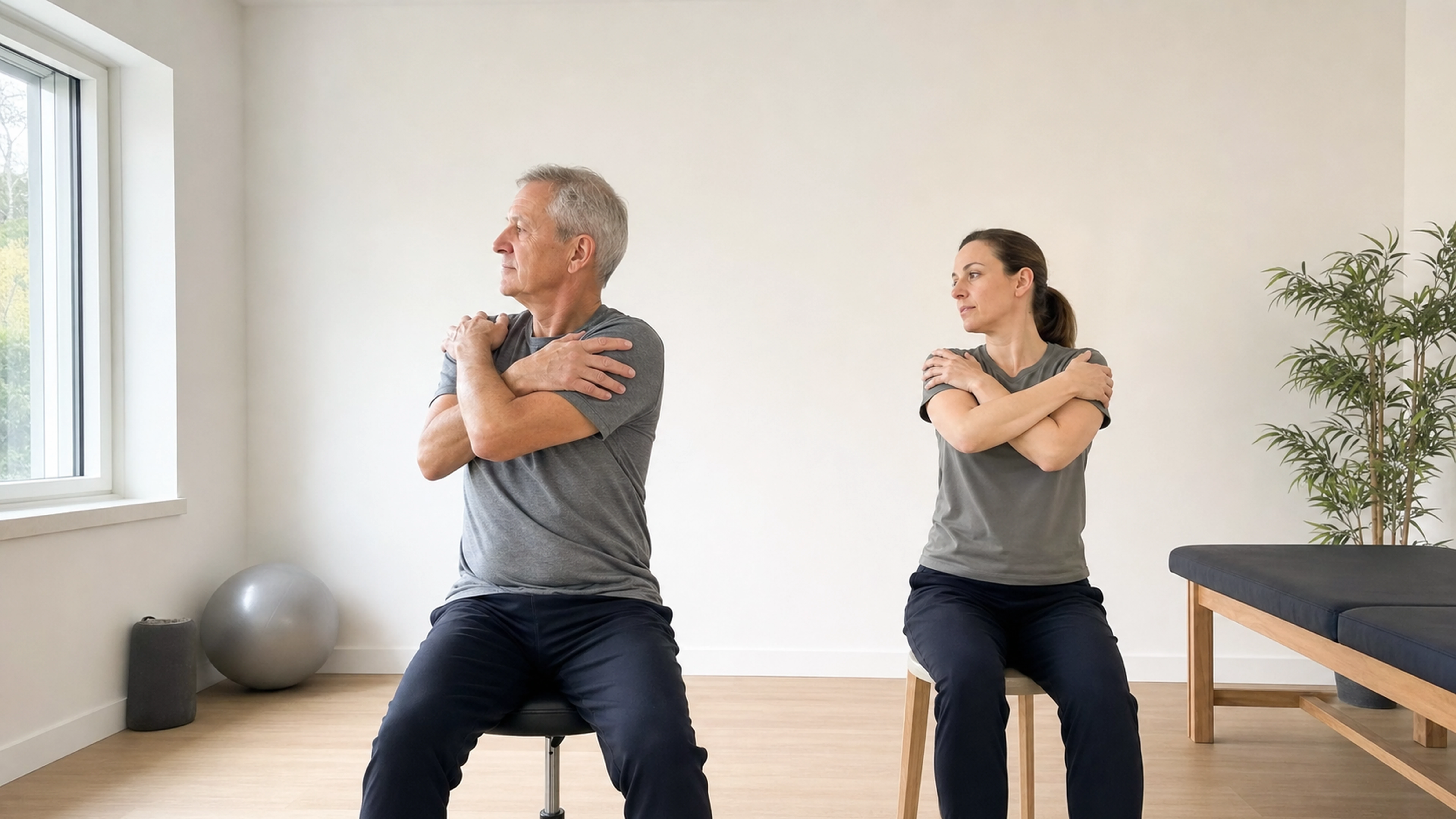 Homme réalisant un exercice doux de mobilité du dos avec une kinésithérapeute