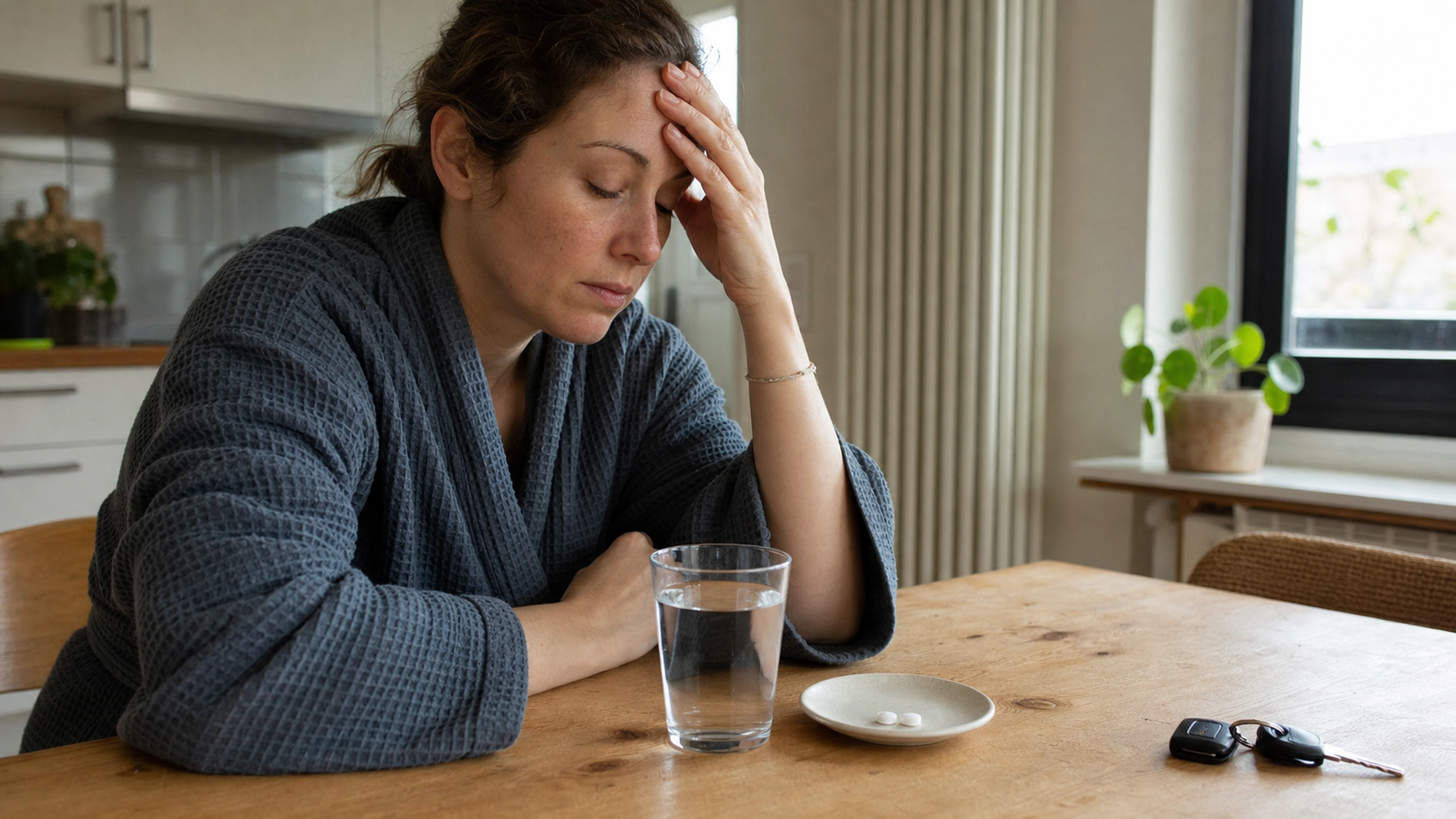 Personne somnolente assise à une table avec un verre d’eau, deux comprimés et des clés de voiture éloignées