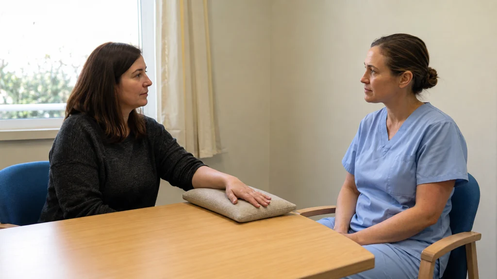Échange préopératoire avec un professionnel de santé, la main posée sur un coussin.
