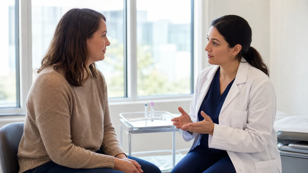 Une patiente échange avec une médecin au sujet du dépistage et de la prévention du papillomavirus