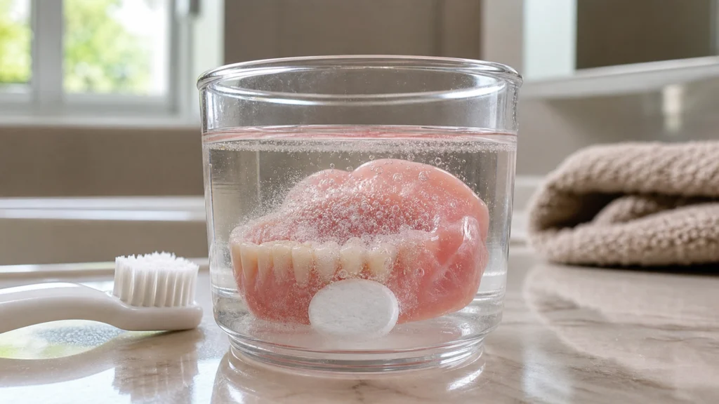 Prothèse dentaire immergée dans un bain effervescent avec une brosse douce à côté