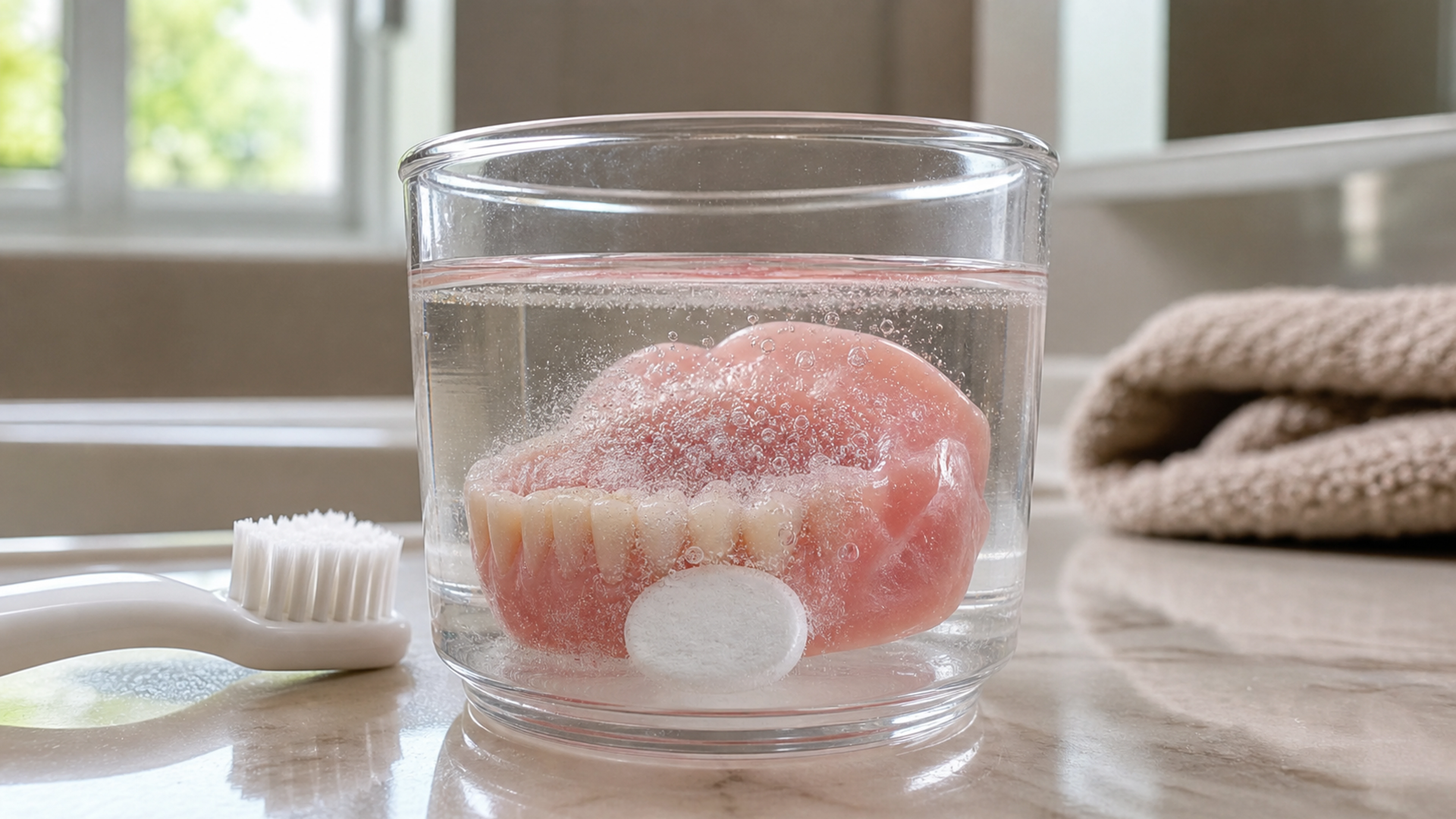 Prothèse dentaire immergée dans un bain effervescent avec une brosse douce à côté