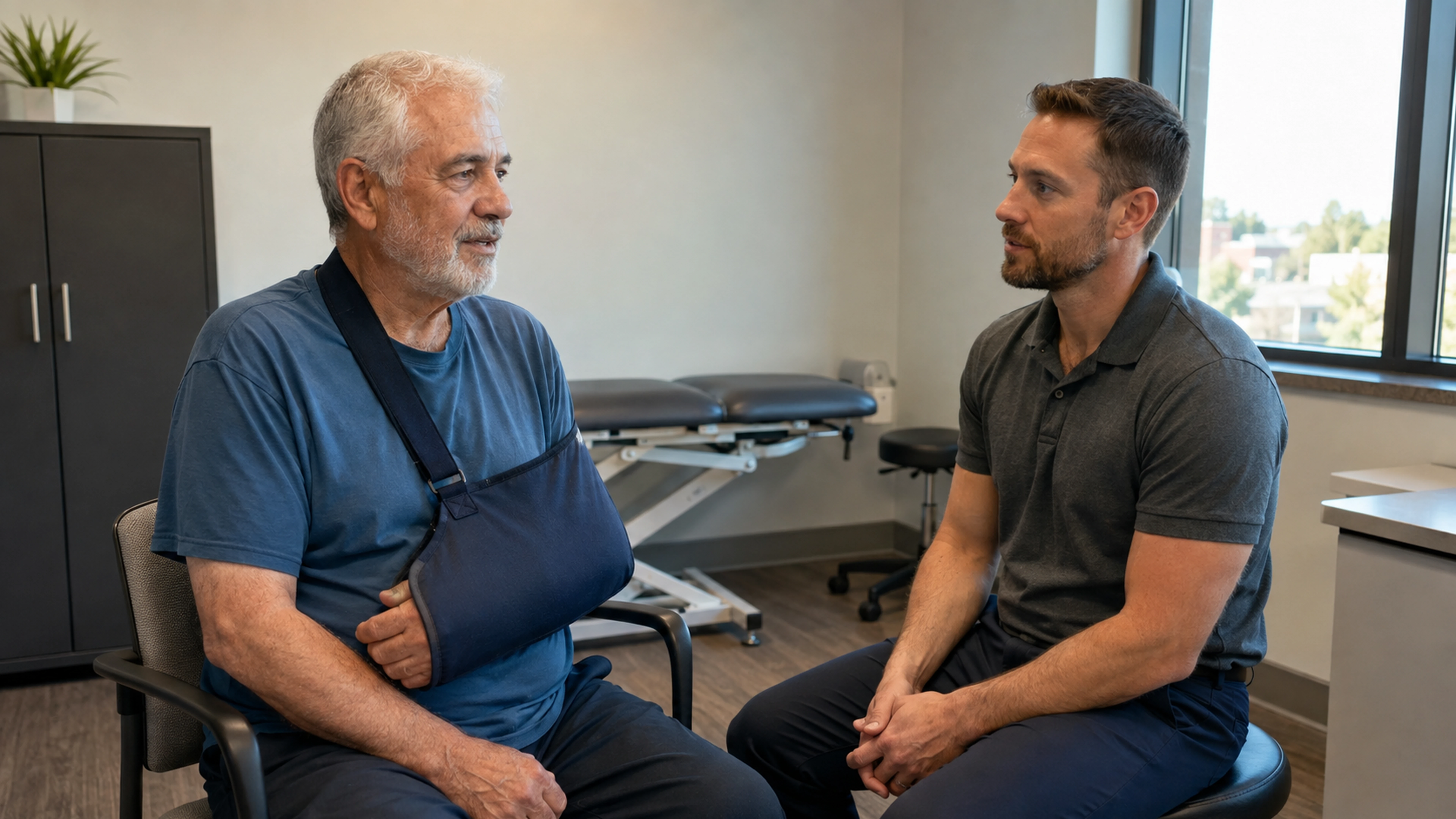 Patient avec le bras soutenu dans une écharpe lors d’une consultation de suivi.