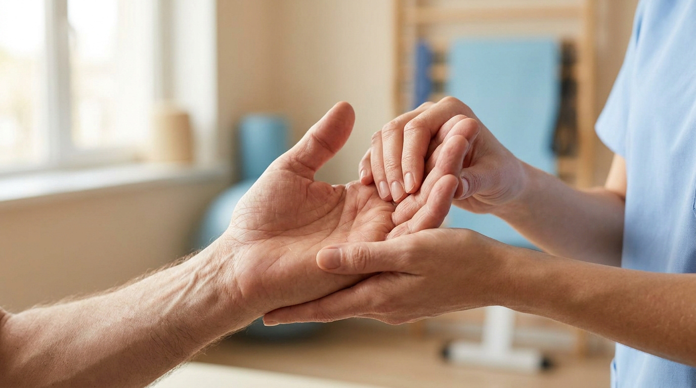 Un kinésithérapeute manipule la main d'un patient pour traiter un doigt à ressaut.