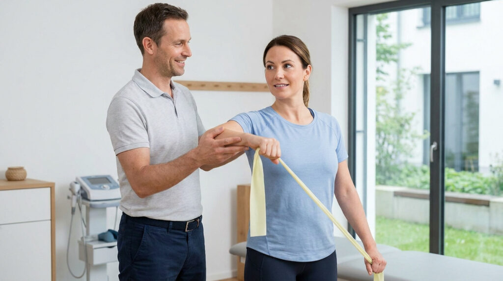 Un kinésithérapeute aide une patiente à faire un exercice de rééducation de l'épaule avec une bande élastique.