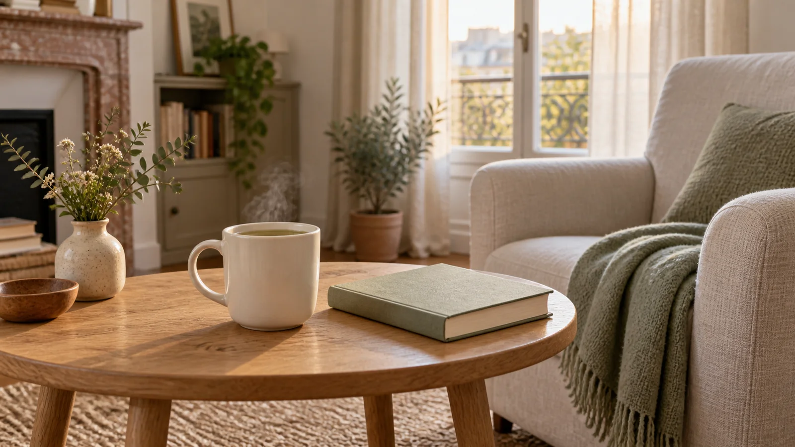 Tasse de boisson chaude et livre dans un coin lecture calme