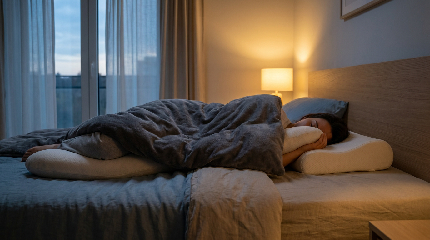 Une femme dort confortablement sur le côté avec un oreiller ergonomique et un traversin pour soutenir son bras.